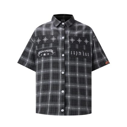 Rhinestone-Patch Plaid Oversized Shirt