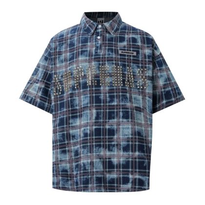 Studded-Emblem Faded Plaid Shirt